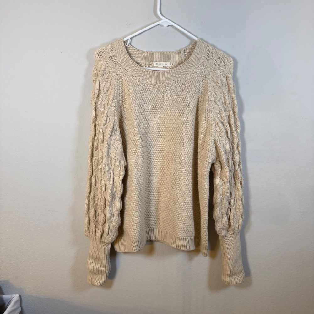 Shop Stevie‎ Beige Cable Knit Balloon Sleeve Crew Neck Sweater Medium